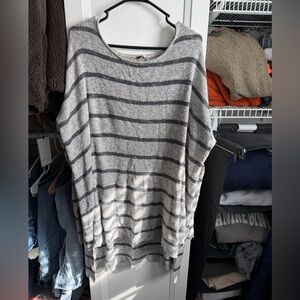 Free People Womens Sweater M Gray Striped Oversized Tunic Knit Sweater